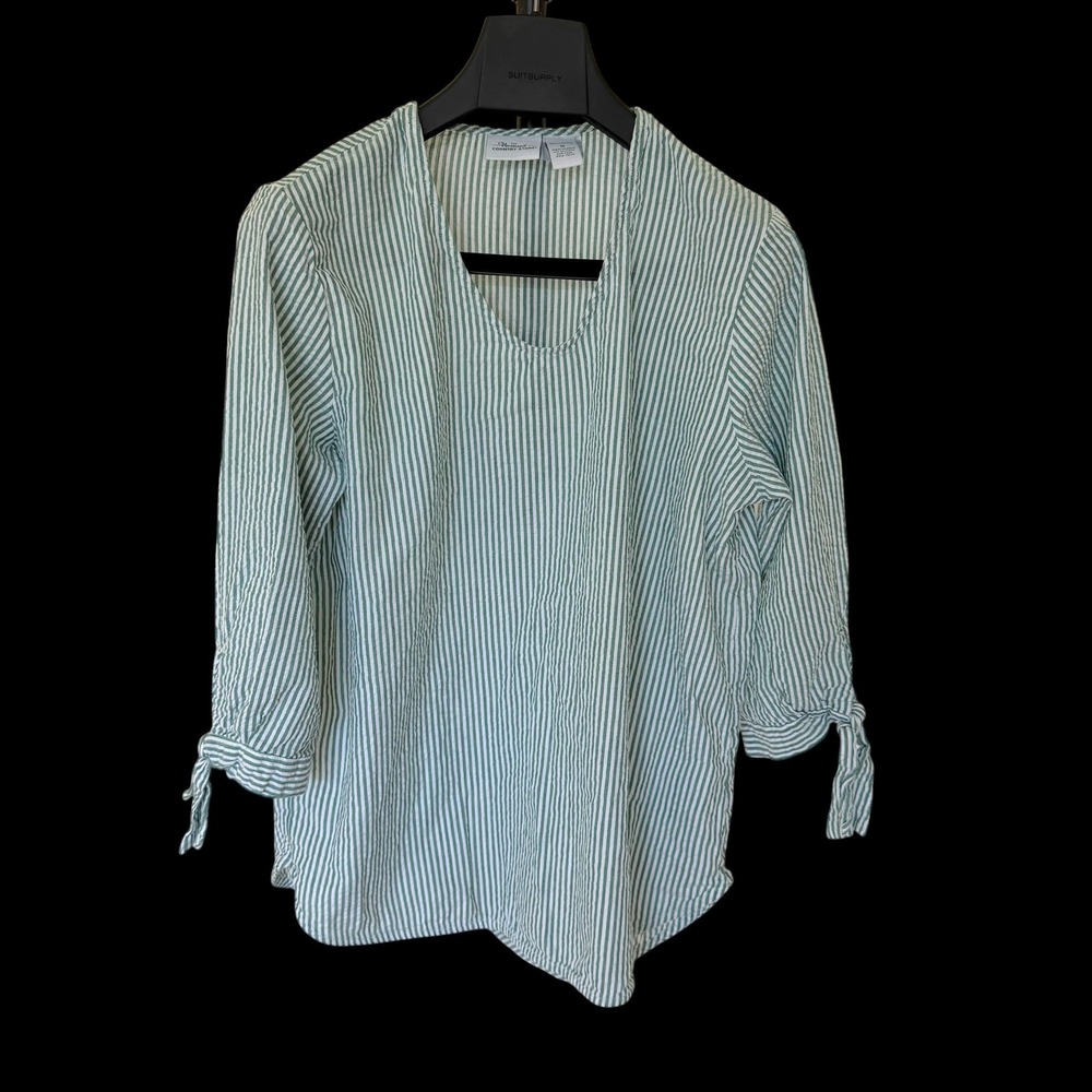 Vermont Country Store Green White Striped Seersucker Tie Cuff Tunic Top 80021 M